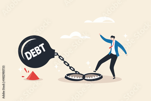 Debt trap overspending causing danger debt, temptation buying, loan or credit card obligation, money burden despair, financial trap failure or bankruptcy concept, young man step on risky debt trap.