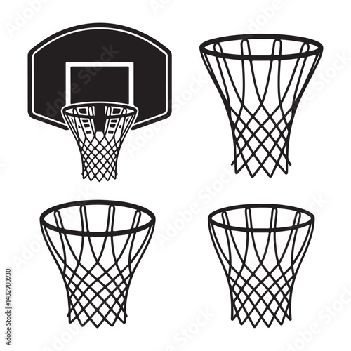 Hand-drawn black icons of basketball hoops in different angles and styles, perfect for sports illustrations and basketball-themed designs.