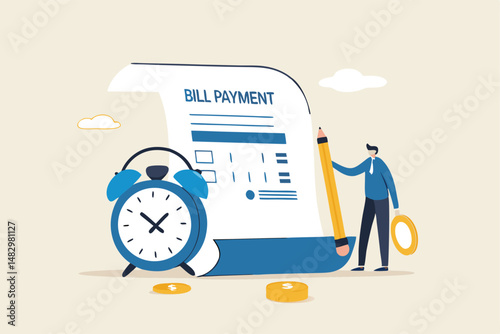 Bill payment, expense or financial service to pay for transaction, credit card payment or shopping cost concept, businessman with pencil and bill payment document and alarm clock.