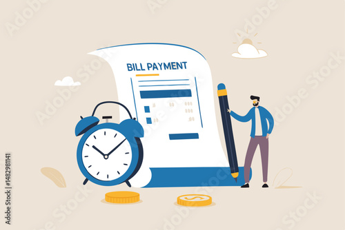 Bill payment, expense or financial service to pay for transaction, credit card payment or shopping cost concept, businessman with pencil and bill payment document and alarm clock.