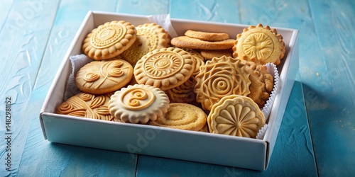 Wallpaper Mural A delightful assortment of embossed shortbread cookies, nestled in a pristine white gift box, rests on a vibrant teal surface. Torontodigital.ca