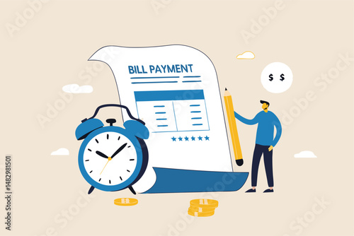 Bill payment, expense or financial service to pay for transaction, credit card payment or shopping cost concept, businessman with pencil and bill payment document and alarm clock.