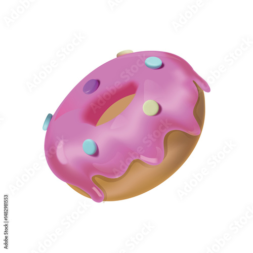 Colorful donut with sprinkles 3d realistic vector illustration isolated on white background. Cute bakery icon with pink icing. Three dimensional food.