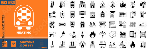 Heating Duotone Editable Icons set. Vector illustration in modern thin duotone style of heating icons: Thermometer, Pyrometer, Body Temperature, etc