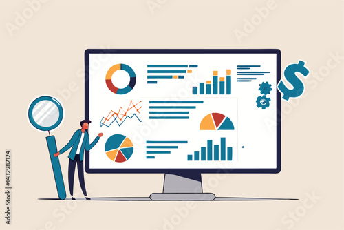 Financial report chart and graph diagram, economics or budget analysis, investment statistic dashboard, revenue or finance research concept, businessman analyze financial report on computer screen.