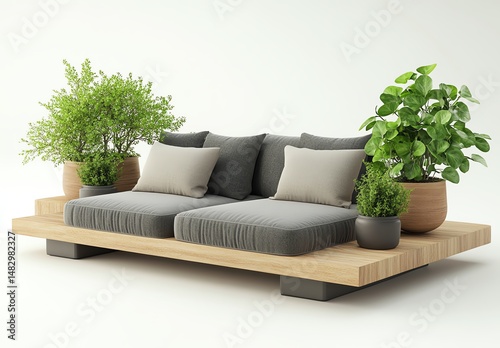 Stylish outdoor sofa with cushions and decorative plants.