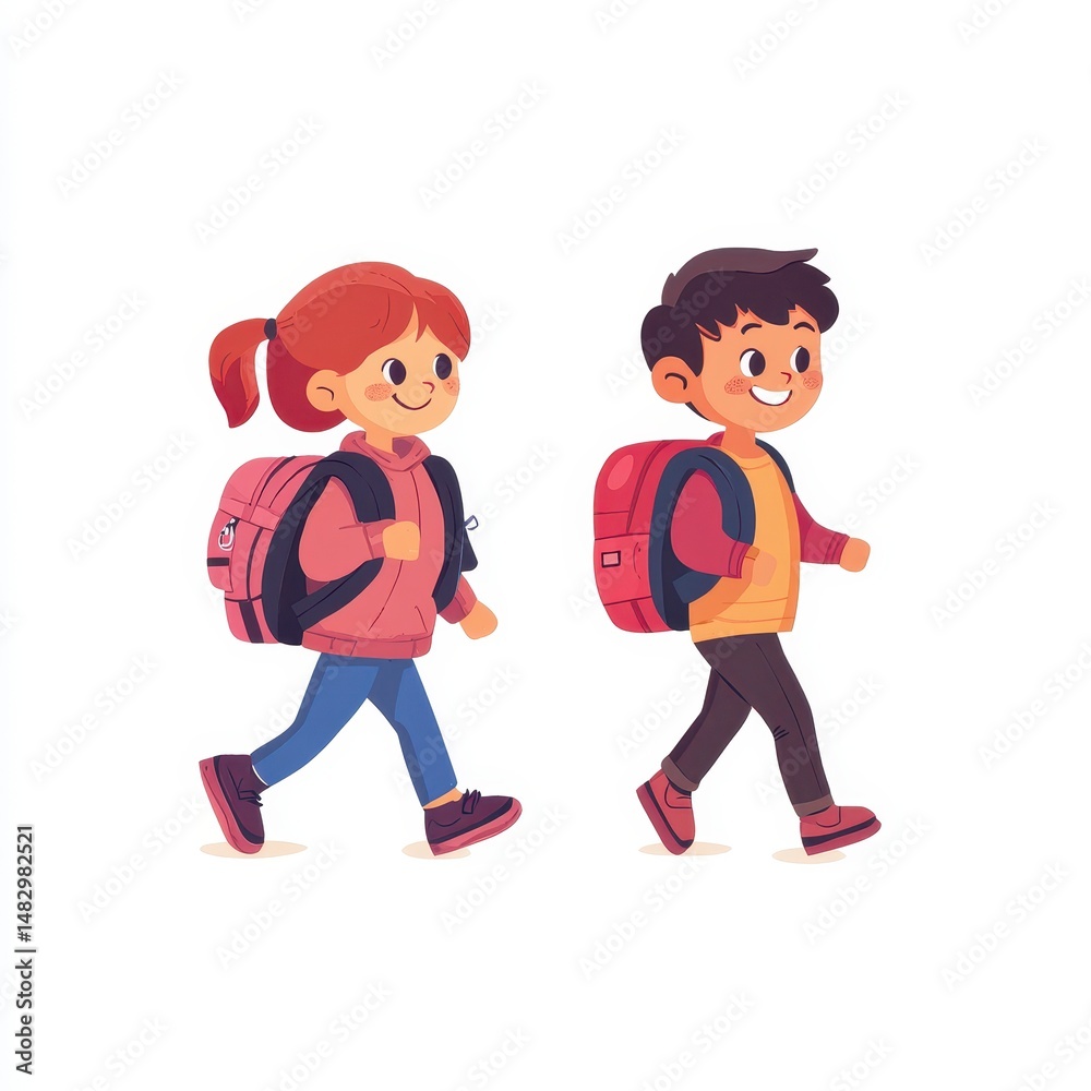 Happy Children Walking to School Pixel Art Illustration Happy Children Walking to School Pixel Art Illustration