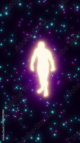 looped 3d animation of a man walking through the stars to the light