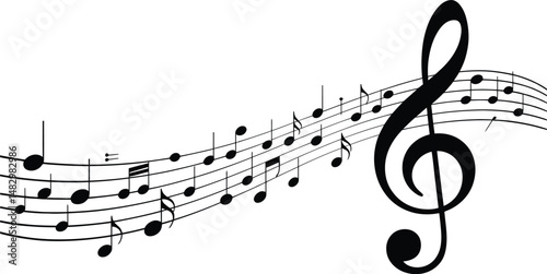 Illustration of a musical staff with notes and a large treble clef on a white background