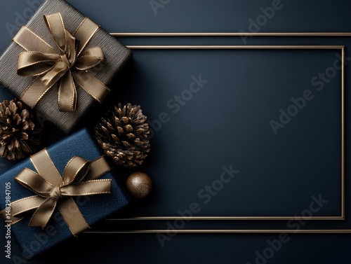 Beautifully wrapped gifts with gold ribbons sit beside pinecones and a small ornament. A rectangular frame accents the composition. The background is elegant and dark