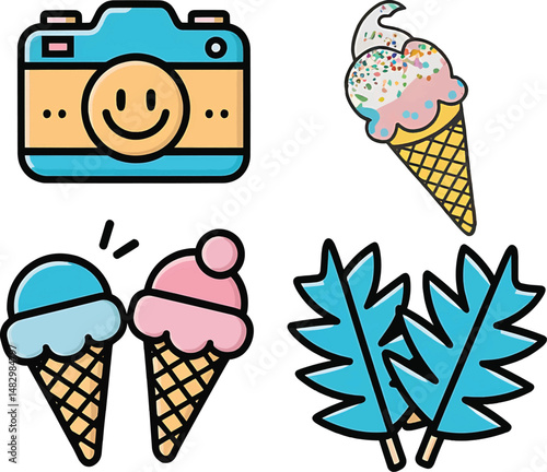  Summer and beach related Vector Design illustration with Ice Cream,  camera and other element on Clean White Background
