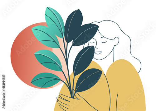 Woman embracing plant with sun background for eco lifestyle blogs, wellness content, nature-inspired branding and sustainable living design

