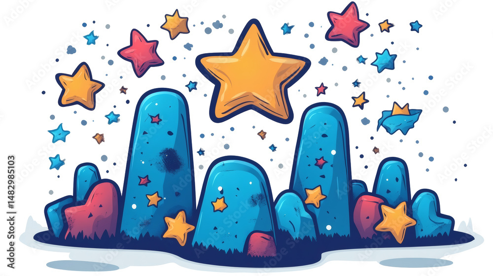 Obraz premium Colorful cartoon stars and hills background