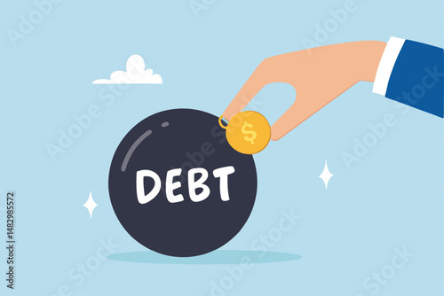 Pay off debt, financial obligation, responsibility to pay debtor, money decision, liability relief, deficit or borrowing due, indebted concept, businessman hand put dollar coin money into debt bomb.