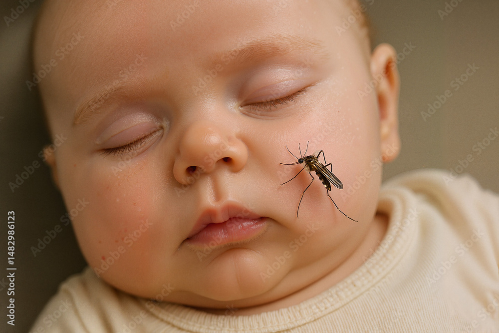 Obraz premium Infant sleeping peacefully while a mosquito rests on their face 