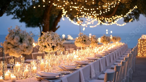 Round table flowers set for a wedding reception, featuring white is centerpiece, elegant tableware, and soft lighting, creating a atmosphere luxurious