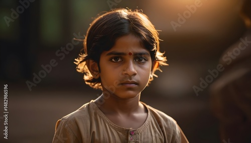 Portrait of Indian Child in Traditional Dress Thinking to One Side – AI Generated Image with Warm Lighting and Dark Background