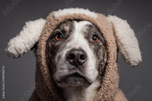 Brown and white dog wearing...