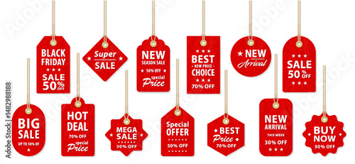Set of vector red Badges and Tags. Simple flat style vintage labels, stickers with sale discount text