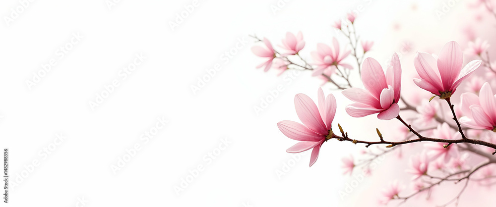 Naklejka premium Tall Magnolia Tree in Full Bloom with Light Pink Flowers - Delicate Watercolor Spring Concept with Empty Space for Text