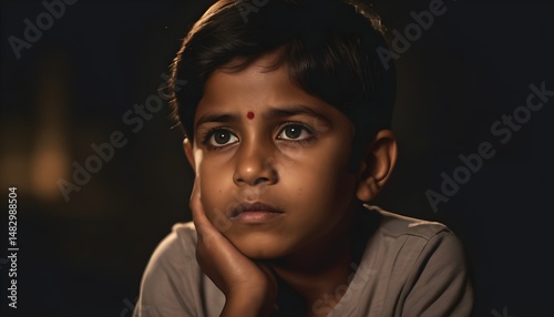 Thoughtful Indian Child Resting on Hand in Low Light with Dark Background – Emotional AI Generated Portrait