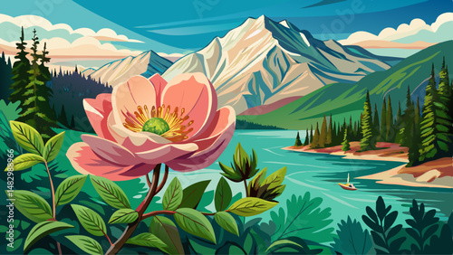 Blooming wild rose by Medicine Lake, Jasper National Park. Alberta, Canada very beautiful 