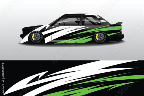 Sleek modified car design with dynamic graphics