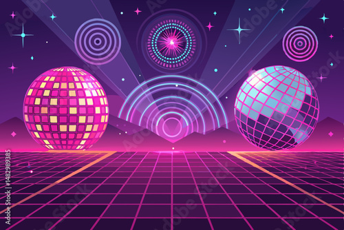 Create a vibrant 80s disco vector background featuring a large, bold mirror ball reflecting dazzling light.  Include stylistic elements typical of the era.