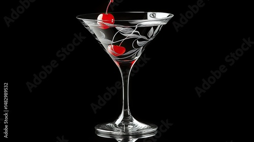 A close-up view of a cocktail in a stylish martini glass, featuring amber-colored liquid with a glossy surface.