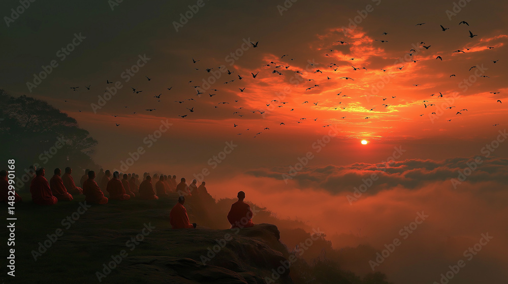 Fototapeta premium A large group of monks and devotees meditating together on a hill during sunrise to celebrate Vesak, surrounded by mist, nature, and birds. Peaceful and harmonious