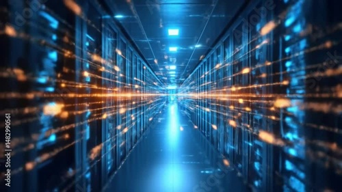 Futuristic Data Center Server Room: Seamless Digital Information Transmission Flow Concept