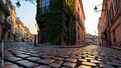 The quarter Montmartre in Paris, France, features a charming old street with a pink house at sunrise