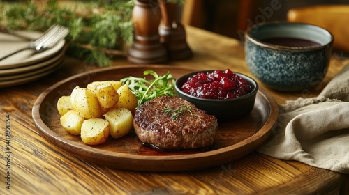 A beautifully plated dish featuring a large, juicy pork chop topped with a glossy berry sauce and fresh cranberries.