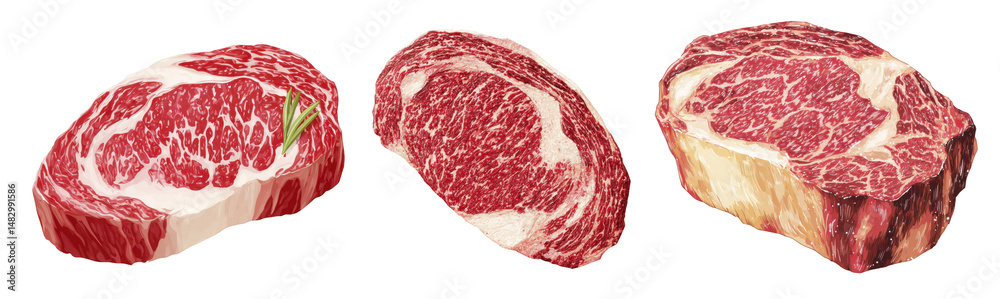 Obraz premium Assortment of Raw Marbled Beef Steaks on Transparent Background Ideal for Culinary and Butchery Illustrations