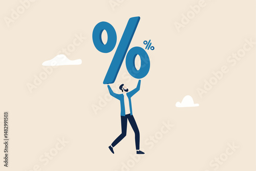 Percentage or interest rate, debt burden, fees to pay off, saving or compound interest earning, financial profit, discount price reduction, promotion concept, businessman carry heavy percentage sign.