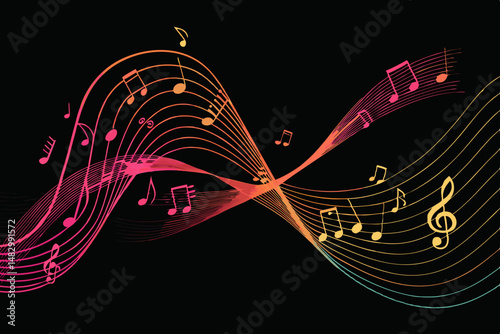 Create a vibrant vector illustration of an abstract melody line, featuring flowing, interconnected musical notes.  Emphasize smooth curves and dynamic movement.