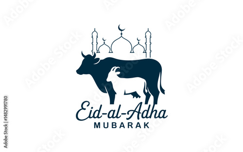 Eid al Adha Mubarak with sacrificed animals and mosque silhouette