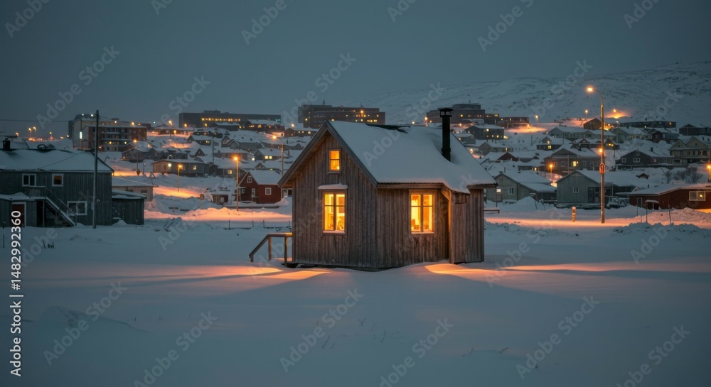 Obraz premium Cozy winter cabin in snowy town