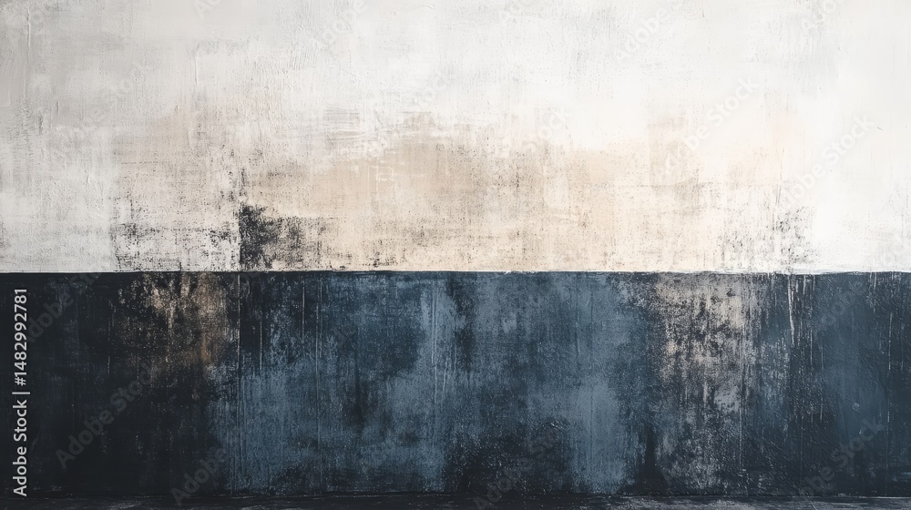 Obraz premium A textured concrete wall divided by a horizontal line of contrasting colors.