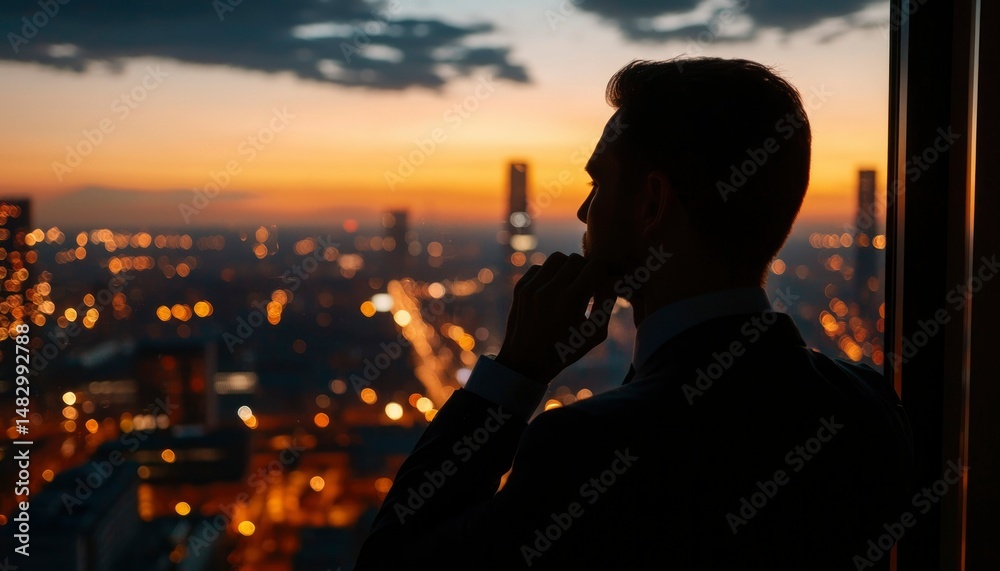 Businessman contemplating cityscape at sunset Businessman contemplating cityscape at sunset
