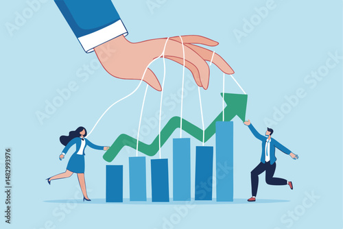 Control business success, leading company improvement, growth or increase efficiency, ambition or influence employee to growth business concept, businessman hand control success rising up graph.