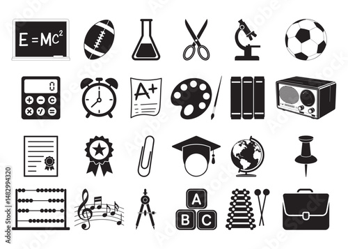 Collection of Simple School and Education Icons Featuring Sports Art Science Math Music and Geography