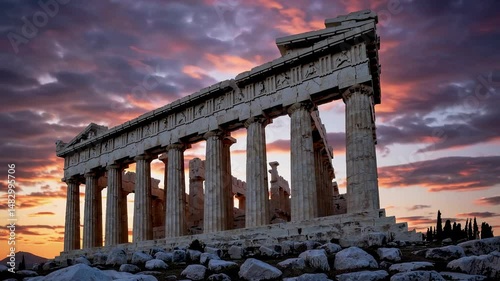 The Parthenon in Athens, Greece, is bathed in sun beams and sunset colors
