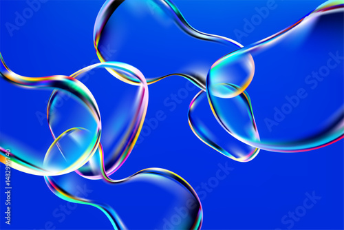 Glass iridescent liquid bubbles on white background. 3D Transparent fluid drops.