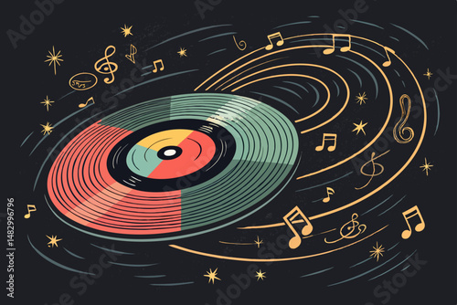 Vibrant retro vinyl record spinning on a turntable, surrounded by dynamic music notes, showcasing bold colors and a vintage aesthetic.