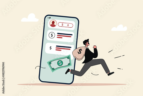 Call center fraud or scam stealing money from mobile banking application, fake phone call or financial crime, phishing or financial threat concept, scammer thief steal money from mobile banking app.