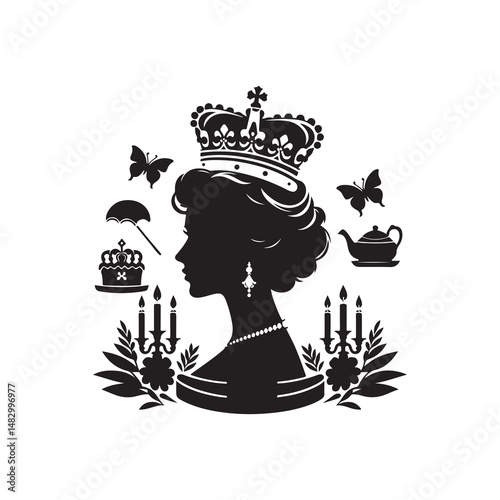 Queen's Birthday Silhouette Vector Illustration, Solid White Background.