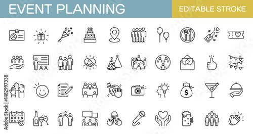 Event planning line icon set. Anniversary, party, birthday. Editable stroke. Vector illustration