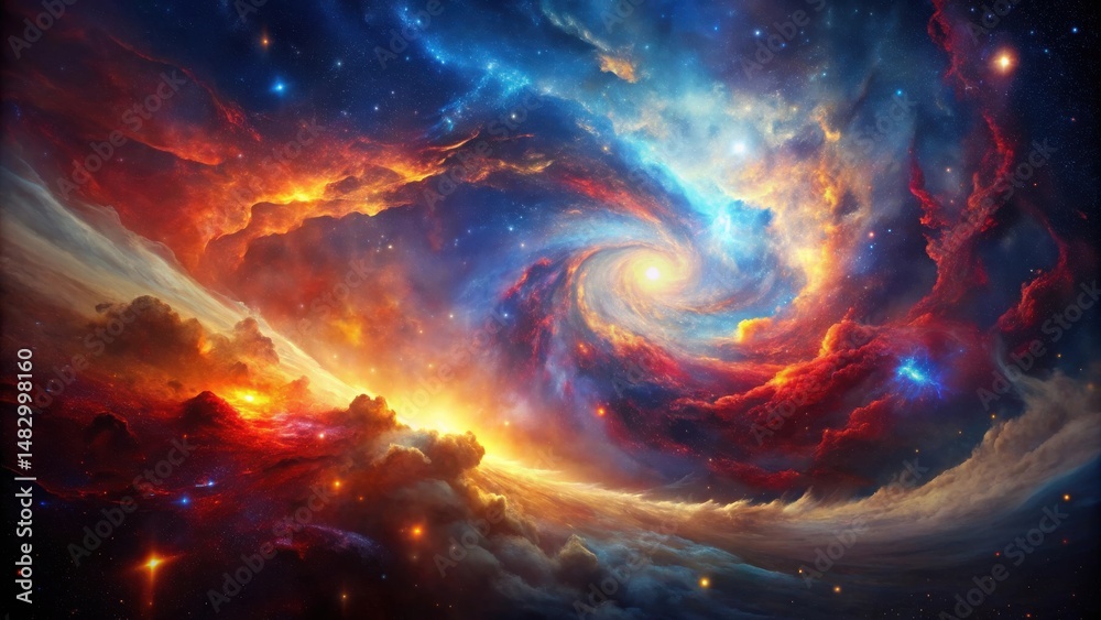 Obraz premium A Fiery Cosmic Dance Nebulae Swirl in a Symphony of Red and Blue Hues, Celestial Bodies Sparkle Amidst the Vibrant Clouds