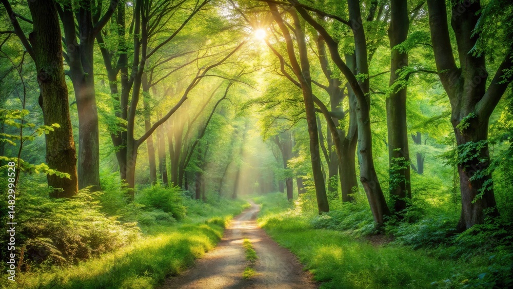 Sunbeams Illuminate a Serene Forest Path, Lush Green Canopies Arching Overhead, Creating a Magical Atmosphere Sunbeams Illuminate a Serene Forest Path, Lush Green Canopies Arching Overhead, Creating a Magical Atmosphere